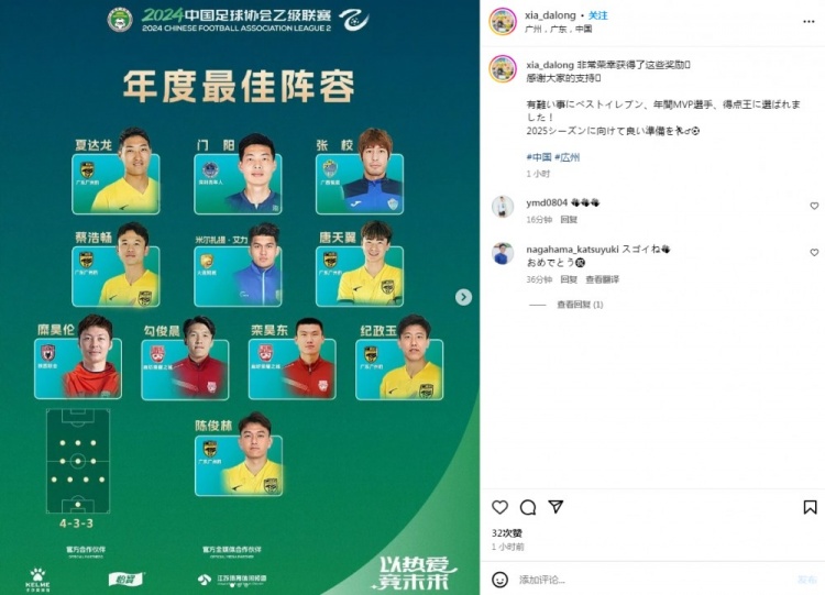 夏達(dá)龍獲獎感言：榮幸被選為中乙最佳十一人、最佳球員、最佳射手